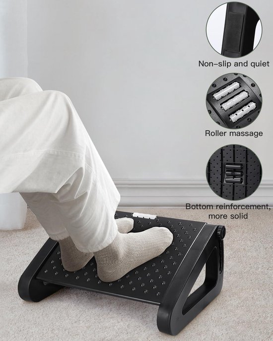 Zwarte voetsteun met massage rollers, antislip en stil, versterkte onderkant.