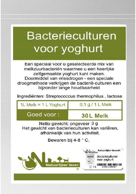 Verpakking bacterieculturen voor yoghurt, met productinformatie, omringd door yoghurt.