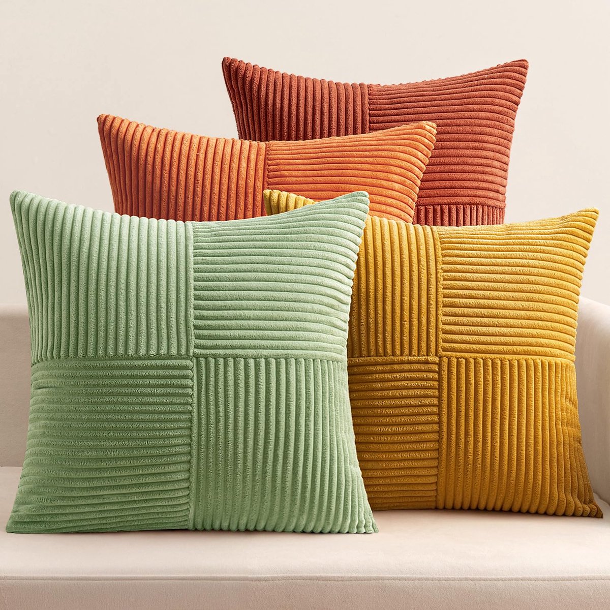 Unyqoos Kleurrijke Ribfluweel Kussenhoezen Set van 4 in Patchwork Design voor Thuisdecoratie geel