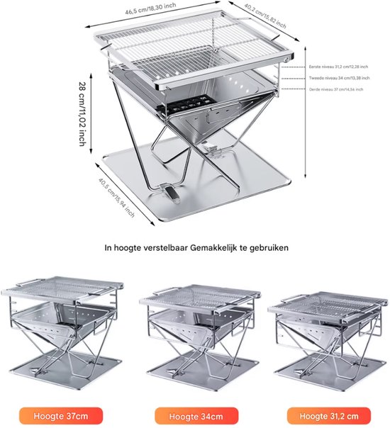 Barbecue pliable - Pour le Camping et la cuisine en plein air - Camping - Barbecue à foyer - Cuisson au bois et portable avec sac de transport - Acier inoxydable