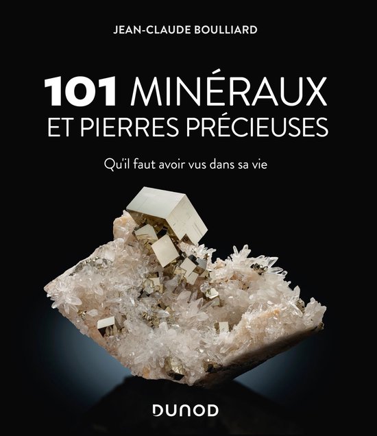 Livre "101 minéraux et pierres précieuses" avec sur la couverture un amas de cristaux de pyrite sur un lit de quartz blanc.