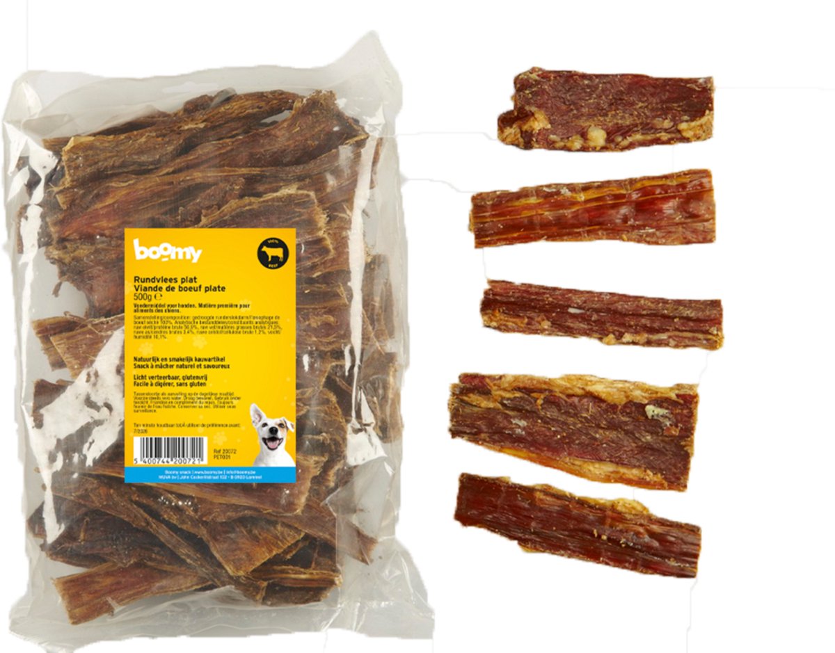 Boomy - Rundvlees Plat – 100% gedroogde runderslokdarm – Natuurlijke hondensnacks – Hondensnoepjes – 500g