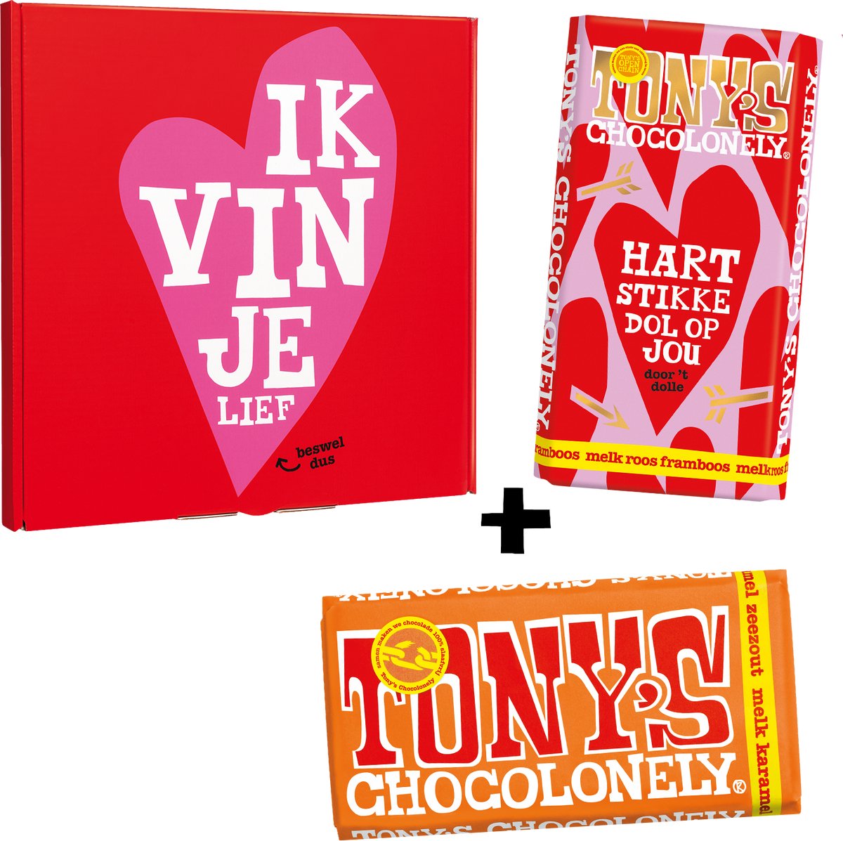 Tony's Chocolonely Ik vind je Lief! - Chocolade Cadeautje - Geschenkset met 2 Smaakvolle Kadootjes - Melk Chocolade met Framboos en Karamel Zeezout - 360 Gram