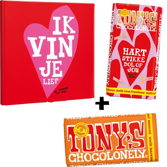 Tony's Chocolonely Ik vind je Lief! - Chocolade Cadeautje - Geschenkset met 2 Smaakvolle Kadootjes - Melk Chocolade met Framboos en Karamel Zeezout - 360 Gram