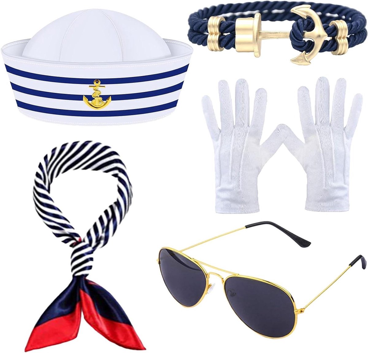 Allecto Plus - 5-delige marine jachtkapiteinskostuumset voor verkleedpartij - inclusief matrozenhoed en zijden sjaal - Halloween cosplay - nautisch thema