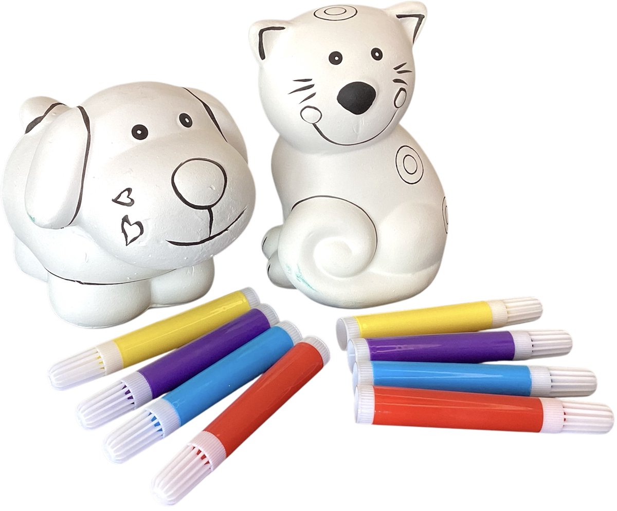 Spaarpot Hond Poes Viltstiften Stiften Keramiek - Inclusief verzenden - Spaarpotje - Spaarvarken - Kat - Dier - Dieren - Sparen - Creatief - Knutselen - Kleuren - Schilderen - Cadeau - Cadeautje - Kado - Kadootje - Jongens - Meisjes - Verjaardag