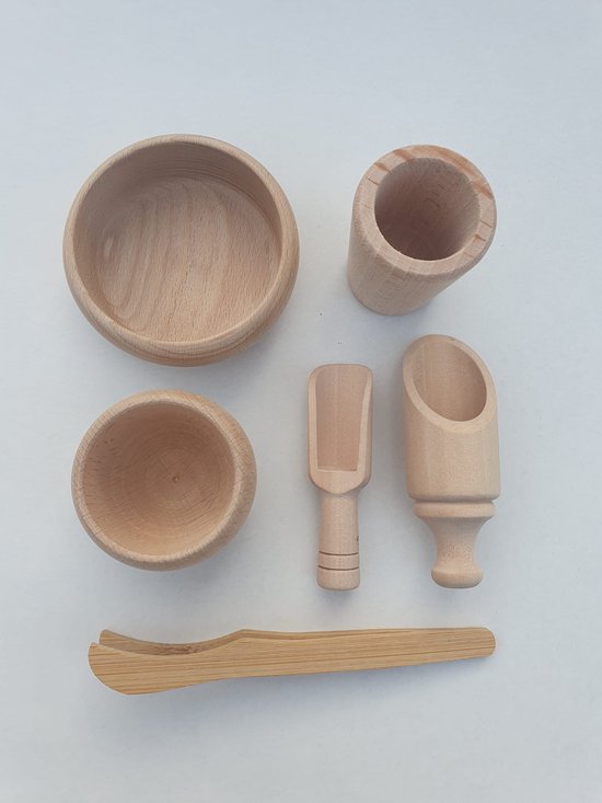 Foto: Sensory houten speelset 6 stuks schepjes tang bakjes accessoires speelrijst of speelzand open einde speelgoed montessori speelgoed
