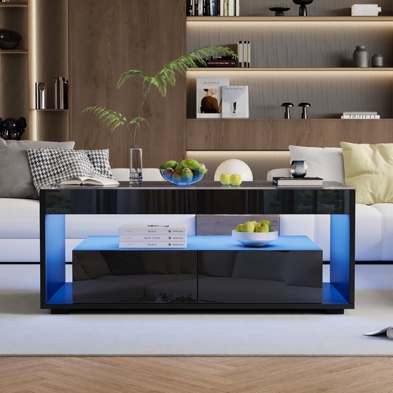 COSTWAY Salontafel met ledverlichting, hoogglans, 20 kleuren, instelbare helderheid, woonkamertafel met 2 laden, koffietafel voor woonkamer, incl. afstandsbediening, 110 x 60 x 40 cm (zwart COSTWAY Salontafel met ledverlichting, hoogglans, 20 kleuren, instelbare helderheid, woonkamertafel met 2 laden, koffietafel voor woonkamer, incl. afstandsbediening, 110 x 60 x 40 cm (zwart
