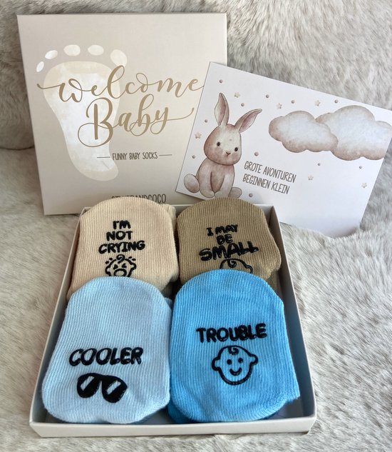 SilverandCoco® Baby Sokjes met Grappige Tekst - Geboorte Geschenkset Sokken Antislip Katoen - Kraam pakket Cadeau Gift Set - Shower Cadeautjes Geschenk Versiering Decoratie - Zwangerschap Katoenen Kleding - Gender Reveal Zwanger - Jongen Boy Blauw van Merkloos — afbeelding 4