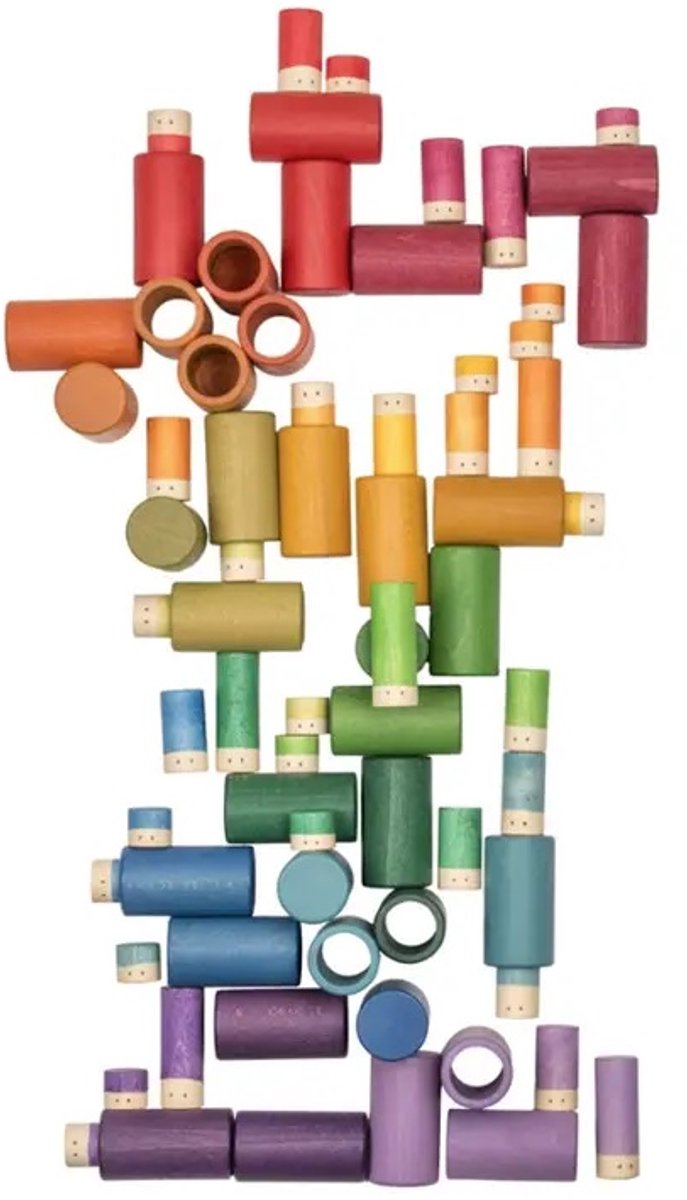 Houten poppetjes en buisjes - 72 stuks - LoLa - Regenboogkleuren - Open einde speelgoed - Educatief montessori speelgoed - Grapat en Grimms style
