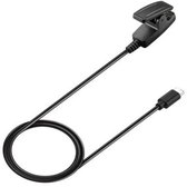 Zwarte USB-C kabel met een clip aan het ene uiteinde en een USB-C connector aan het andere.