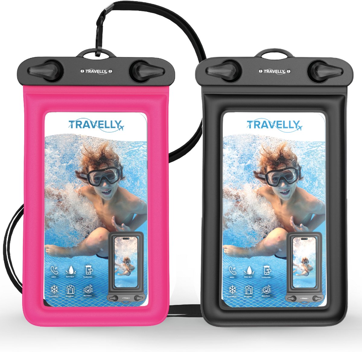 Travelly® Waterdicht Telefoonhoesje Set van 2 – Universeel Onderwater Hoesje voor Smartphone – Geschikt voor alle telefoons – Drybag – Voor Vakantie, Zwemmen & Watersport – Zwart/Roze