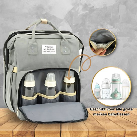 WiebelTandje Luier en Verzorgingstas met Verschoonmatje incl Houten Tandendoos JONGEN – Kraamcadeau - Watervast Baby Rugzak Tas met Uitschuifbaar Baby Box – USB Kabel - Multifunctionele Baby Luier Tas – Verzorgingstas Baby - Verschoon en Slaap Bedje