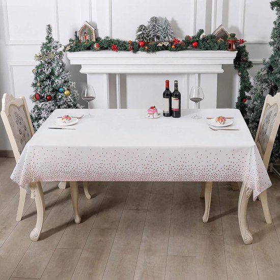 ELECLAND Rechthoekig feesttafelkleed van kunststof, wit en goud, 137 x 274 cm, met gouden stippen, voor picknick, babyshower, Halloween, Kerstmis, verjaardagsdecoraties