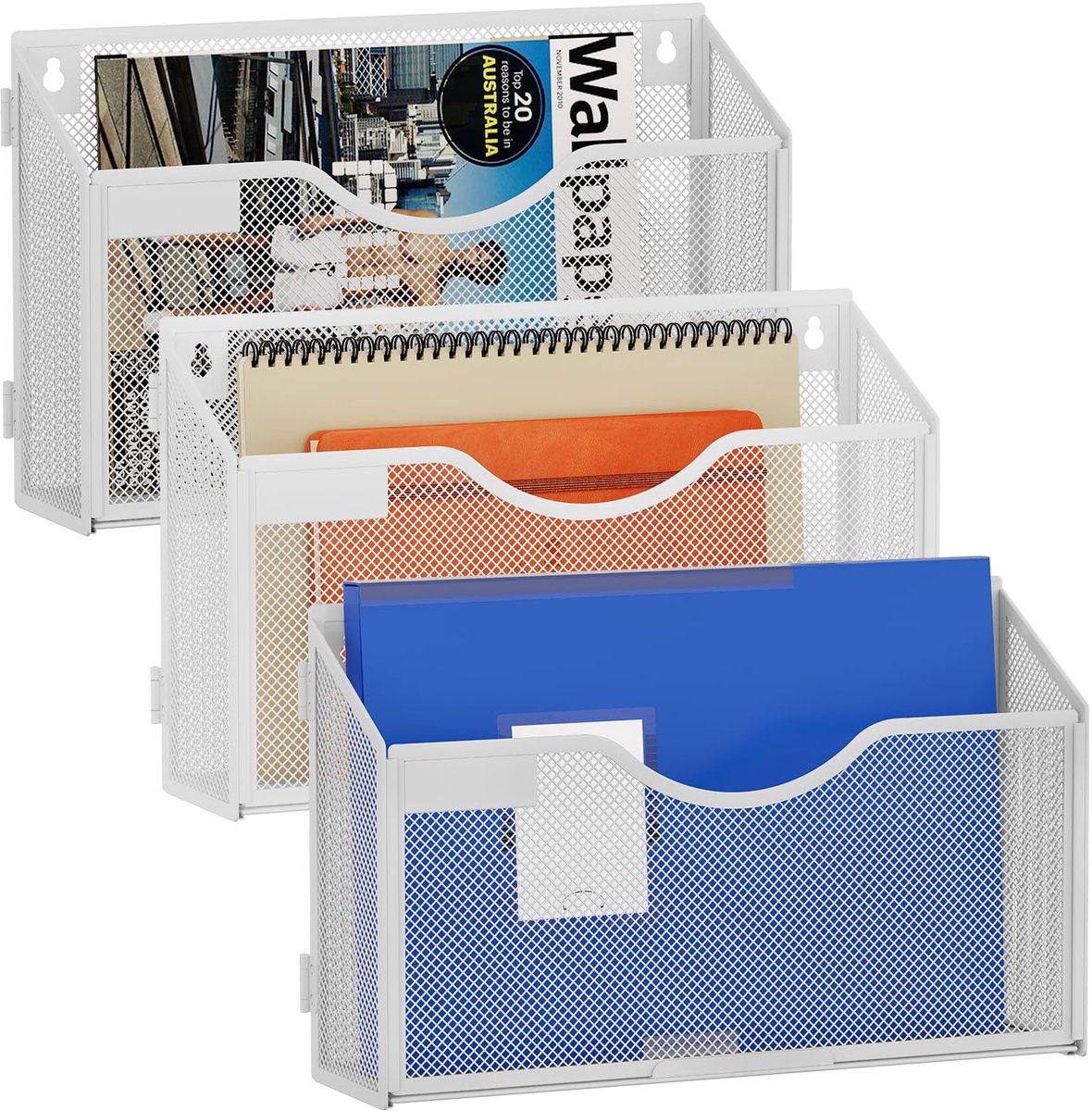 Ibenzoa Multifunctionele Metalen Wandorganizer voor Documenten en Tijdschriften - Set van 3 Stuks, Wit