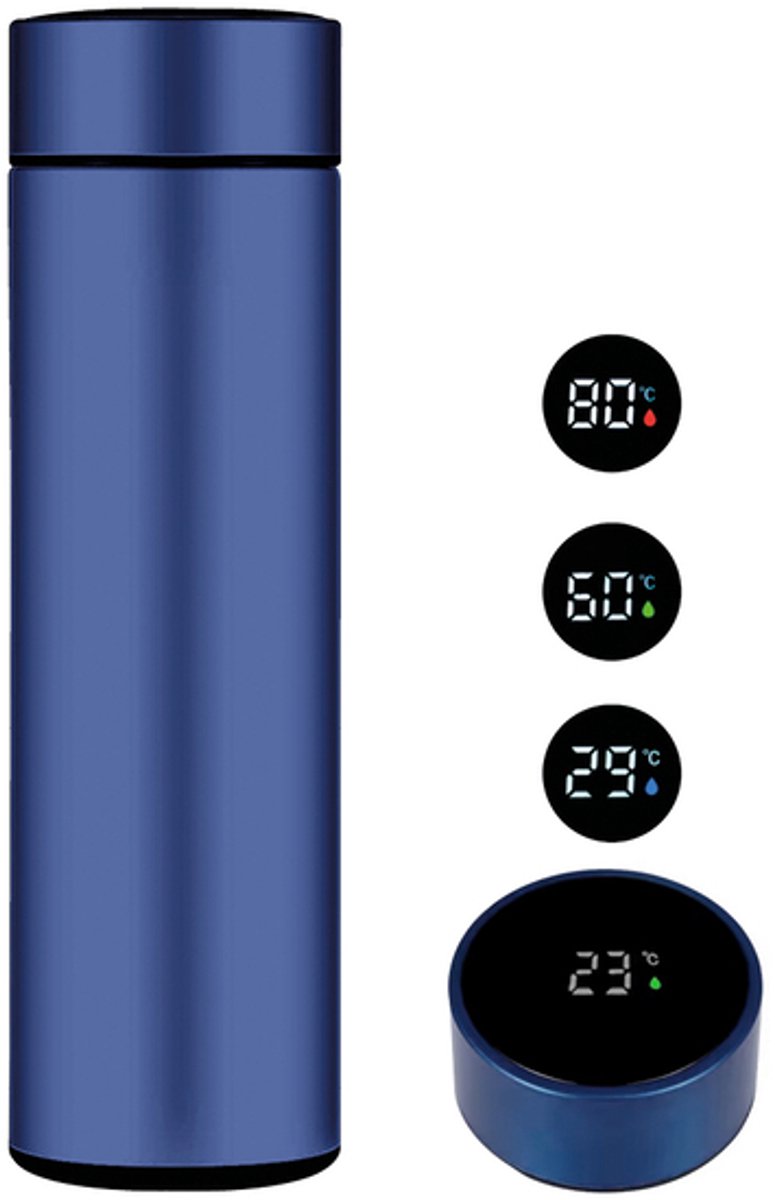 Electrox Digitale Thermosfles met temperatuur display - LED - Smart - Warm/Koud tot 12 uur - 480mL - Blauw - Cadeautje