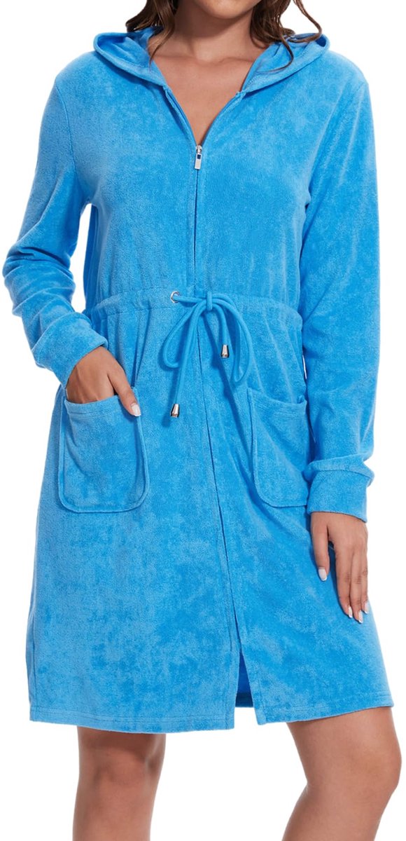 Ibenzoa Zachte en stijlvolle damesbadjas met capuchon en ritssluiting voor veelzijdig gebruik blauw