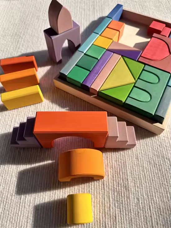 Houten blokken in tray - Regenboogkleuren - 35 blokken, 1 tray - 35 cm x 26 cm - Open einde speelgoed - Educatief montessori speelgoed - Grapat en Grimms style van Houten — afbeelding 4