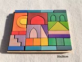 Houten blokken in tray - Regenboogkleuren - 35 blokken, 1 tray - 35 cm x 26 cm - Open einde speelgoed - Educatief montessori speelgoed - Grapat en Grimms style