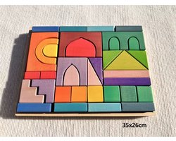 Houten blokken in tray - Regenboogkleuren - 35 blokken, 1 tray - 35 cm x 26 cm - Open einde speelgoed - Educatief montessori speelgoed - Grapat en Grimms style