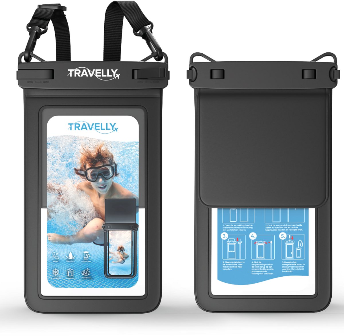 Travelly® Waterdicht Telefoonhoesje Met Extra Opberg Vakje – Universeel Onderwater Hoesje voor Smartphone – Geschikt voor alle telefoons – Drybag – Voor Vakantie, Zwemmen & Watersport – Zwart