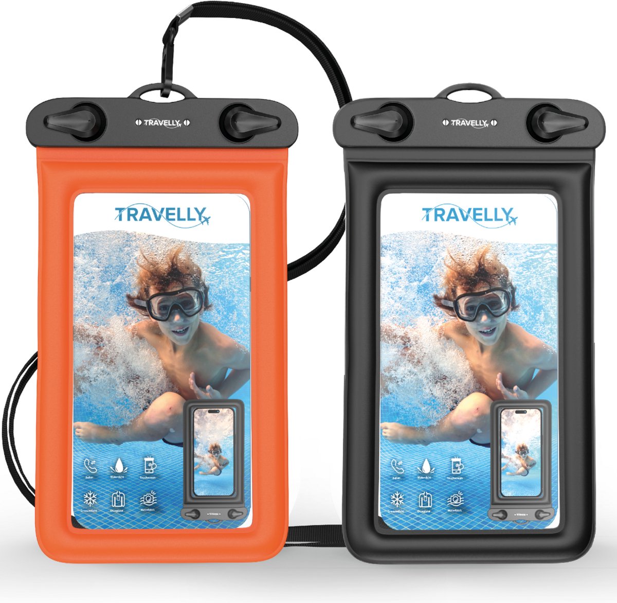 Travelly ® – Waterdicht Telefoonhoesje Set van 2 – Universeel Onderwater Hoesje voor Smartphone – Geschikt voor alle telefoons – Drybag – Voor Vakantie, Zwemmen & Watersport – Zwart/Oranje