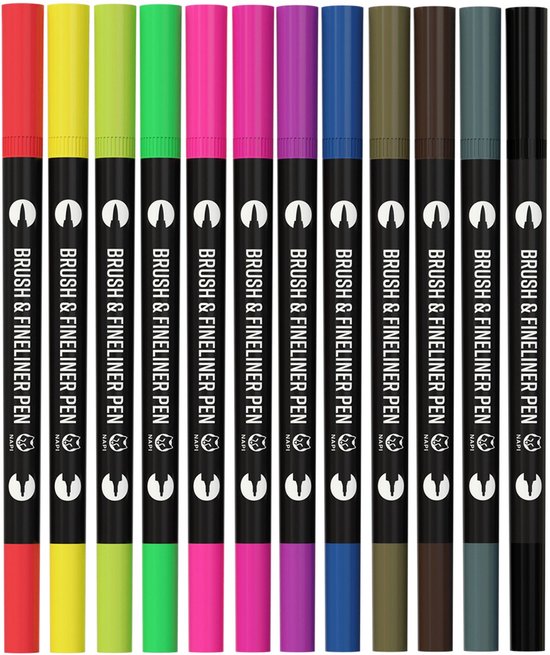 NAPI 12 Fineliners & Brushpennen Dual-Tip – Twinmarkers Stiften voor Volwassenen & Kinderen – Aquarel Penseelstiften Brush Pen – Markers op Waterbasis – Incl. 2 Mandala Sjablonen – Kleur