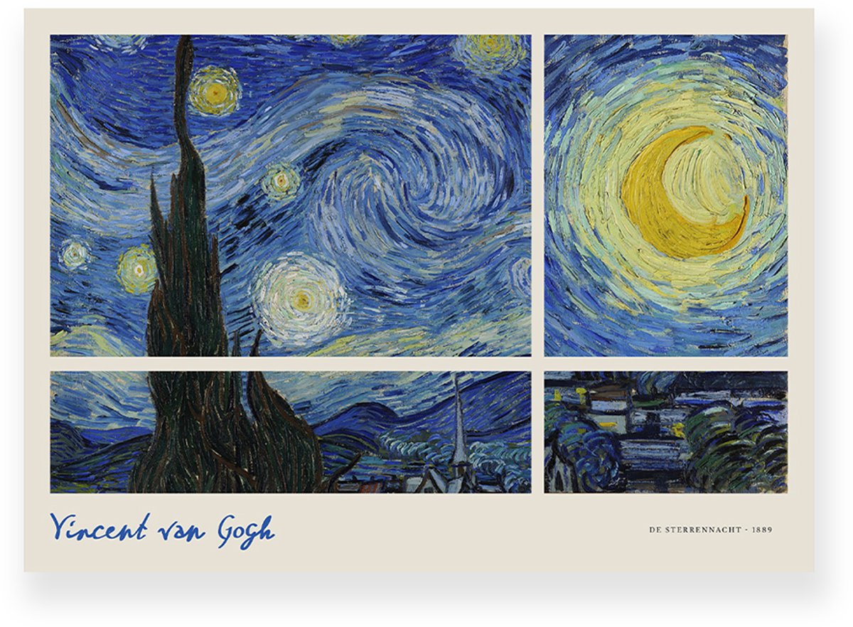 Yisual Poster 70x50 cm - Sterrennacht - Vincent van Gogh - Blauw - Geel - Beige - Klassiek - Postimpressionisme - Wanddecoratie