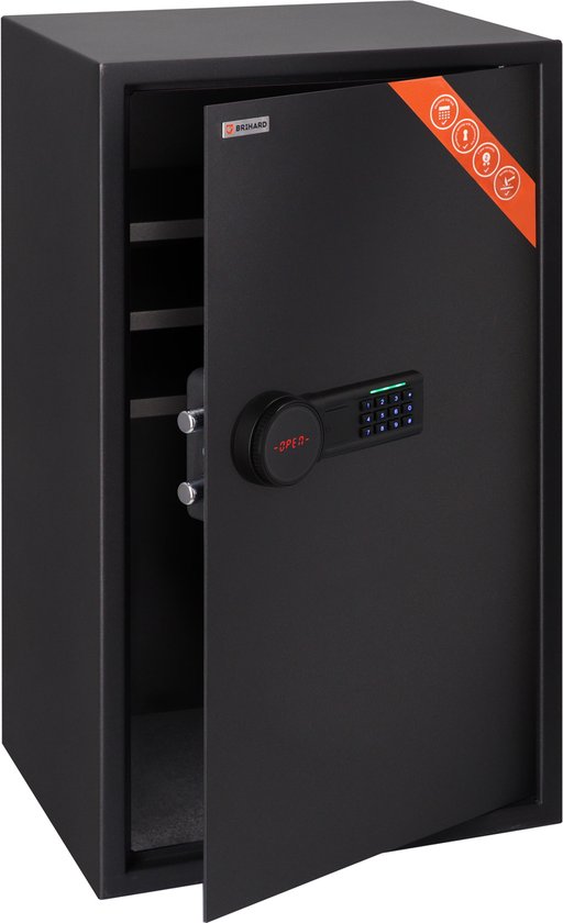 Zwarte kluis met digitale code, open deur en LED-verlichting.