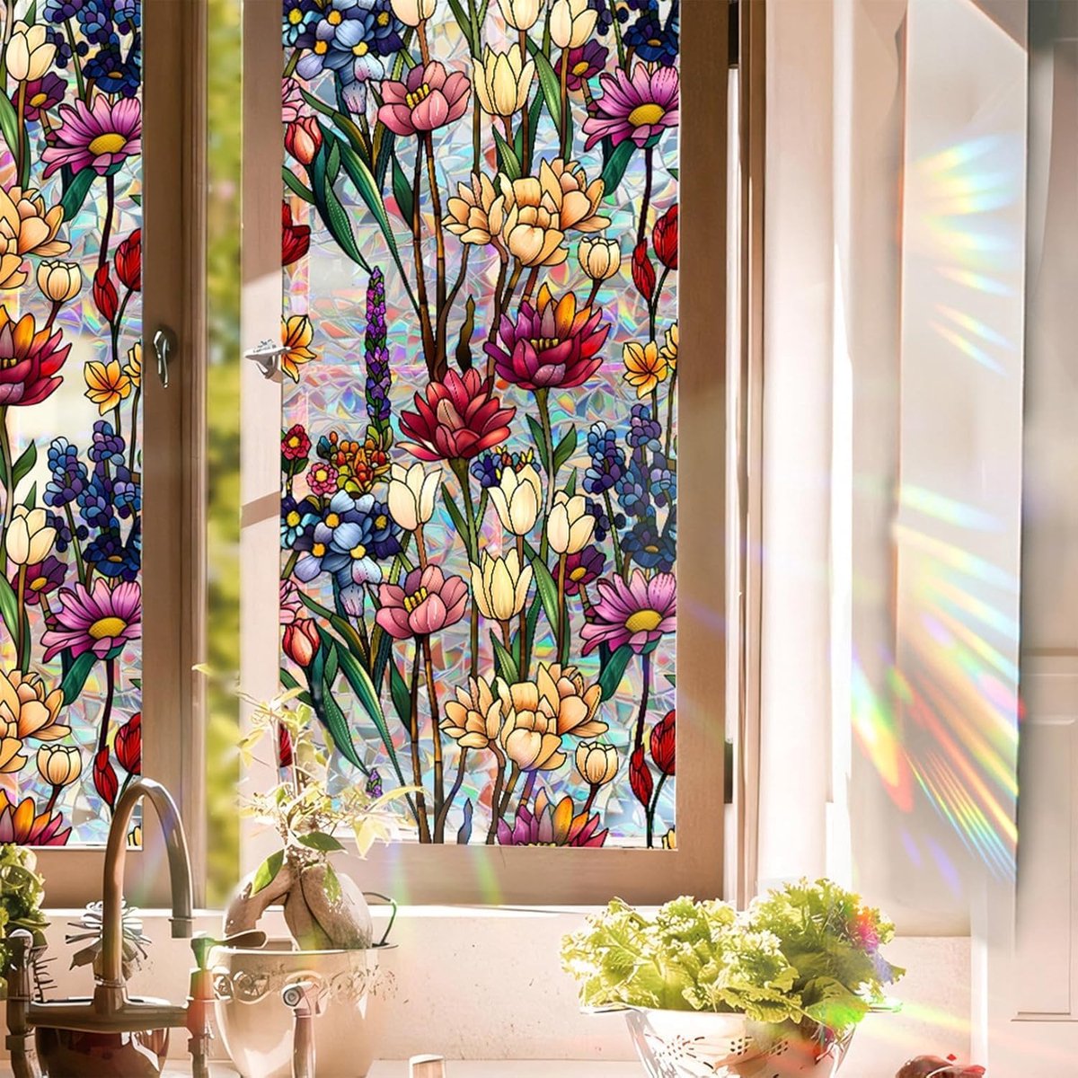 Raamfolie - Glas-in-lood raamsticker - 43×100cm - PVC - Regenboogkleurige raamfolie - Imitatie van bloemen en privacy - Glas-in-lood sticker