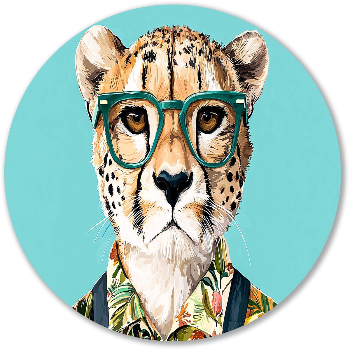 Stijlvolle cheeta met bril - Cheeta wandcirkel - Ronde wandprint bril - Pop Art - Forex muurkunst rond - Wooninrichting met schilderijen - muurcirkel forex 90x90 cm