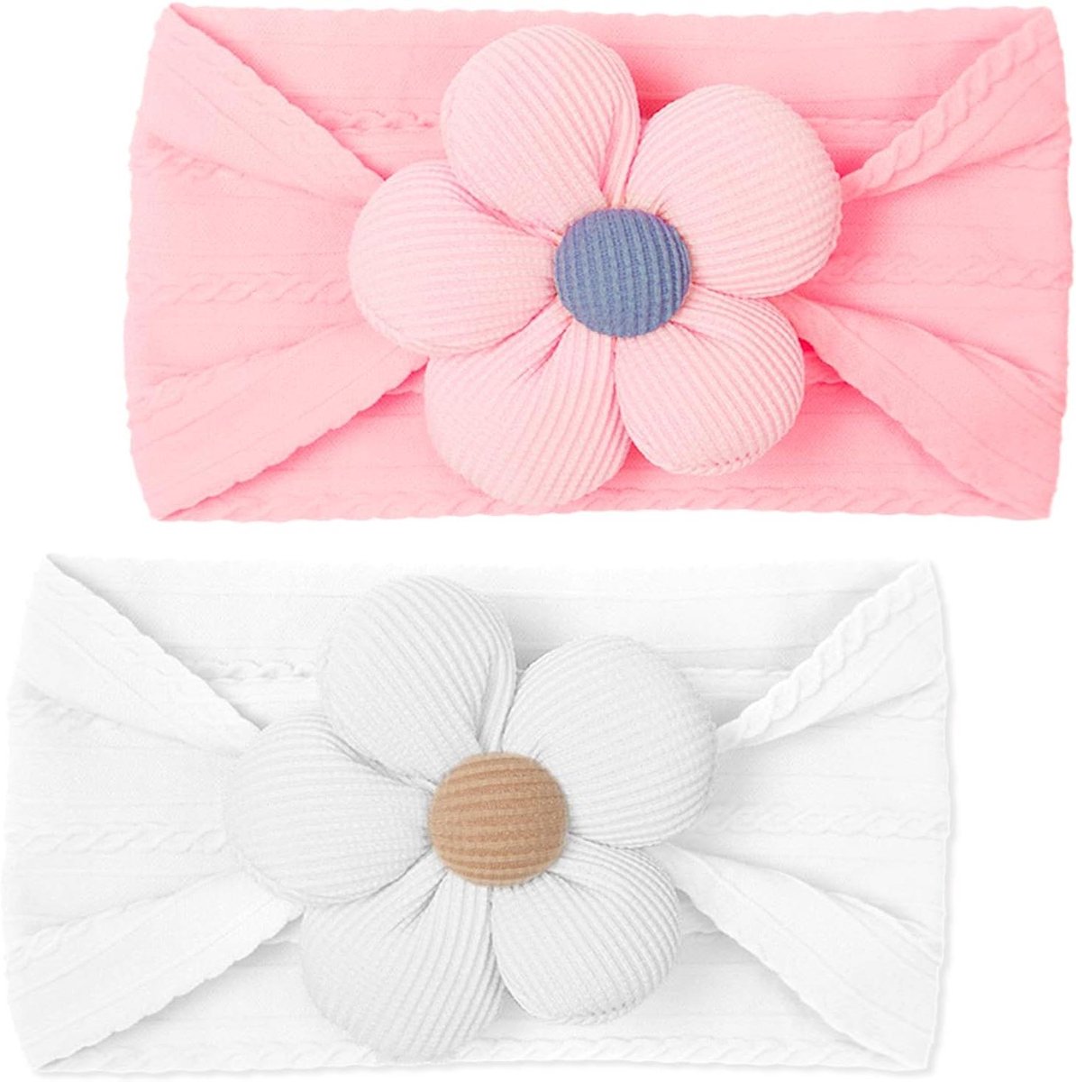 Inovra Plus - Zachte babyhoofdband set voor pasgeboren meisjes - Roze en wit - Babybloemhoofdband - Haarbanden voor peuters - 2 stuks.