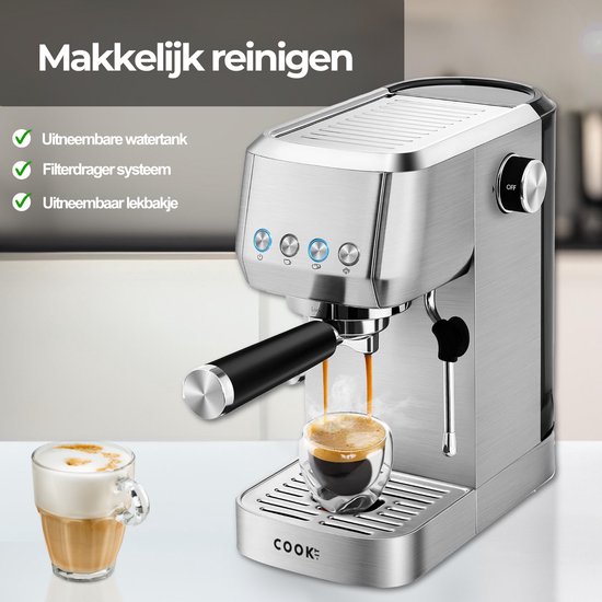 Zilverkleurige espressomachine met 'Makkelijk reinigen' tekst, kopjes koffie.