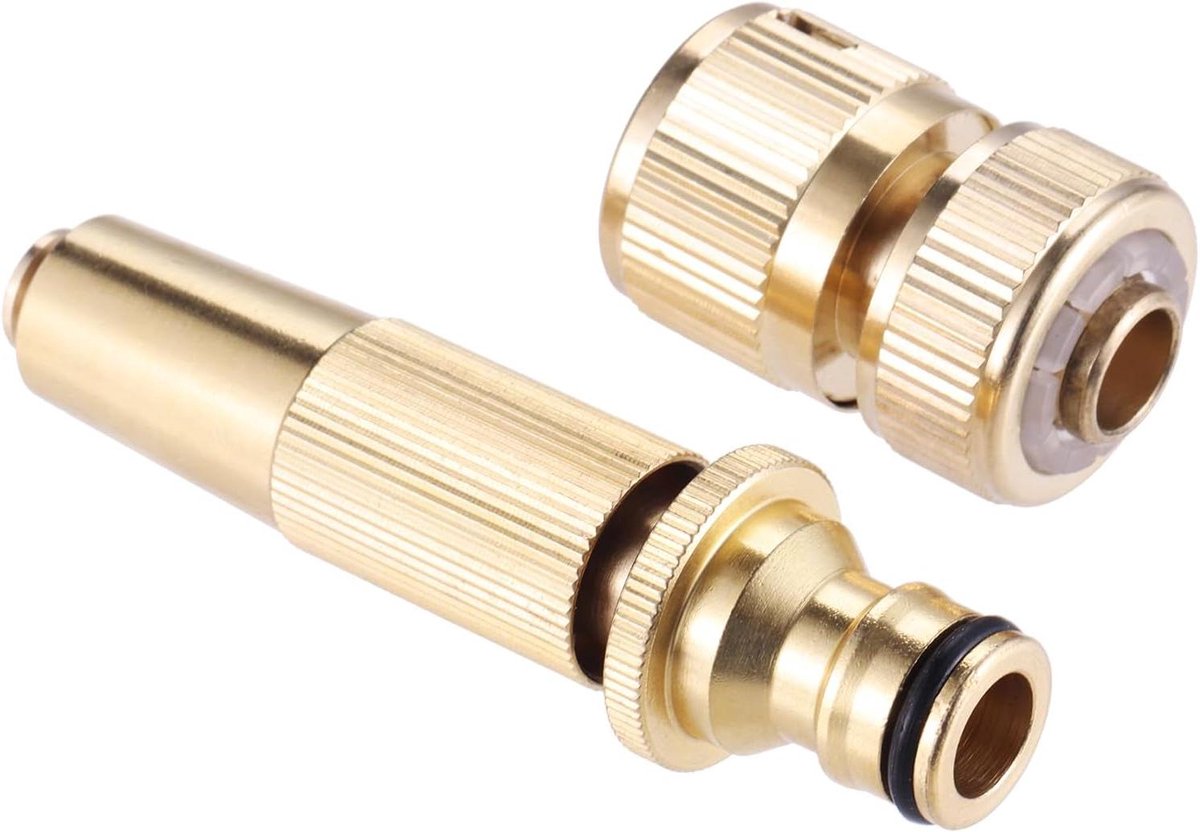 Allecto Plus - Tuinslang Sproeiset - 2 Stuks - Verstelbaar - Hogedrukmessing - Snelaansluiting - Tuinirrigatie - Reinigingsspuit - Messing Tuinslang Sproeier - 13 mm Ø