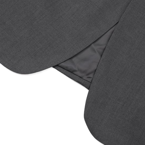 Donkergrijs colbert, close-up van de binnenkant en de revers.