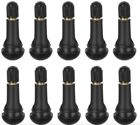 Dix obus de valve de pneu en caoutchouc noir avec accents dorés, disposés en deux rangées de cinq.
