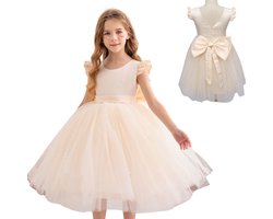 Joya Kids® Bruidsmeisje jurk Meisje Champagne Kleur met Strik | Ivoor Bruidsmeisjes jurk Tule Rok | Prinsessen jurk Gebroken Wit | Feestjurk Communie met Parels Beige | Voor 2 tot 10 jaar oud | Maat 130