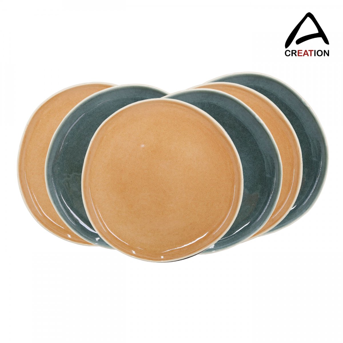 Coralia – Lot van 6 grote dinerborden Ø 27 cm – Porselein met reactief glazuur – Beige, groen & oranje