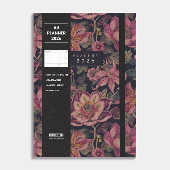 Hobbit - A4 Planner 2026 - A4 (21 x 29,7 cm) - 1 week op 2 pagina's - Harde Kaft - Bloem Klassiek