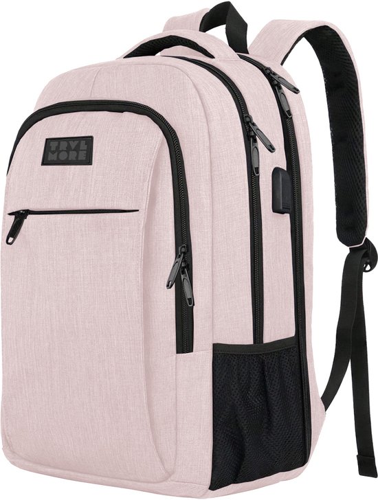 Sac à dos TRVLMORE - 36 L - 17,3 pouces - Sac à dos pour ordinateur portable avec port USB - Cartable - Homme et femme - Sac - Garantie à vie - Rose