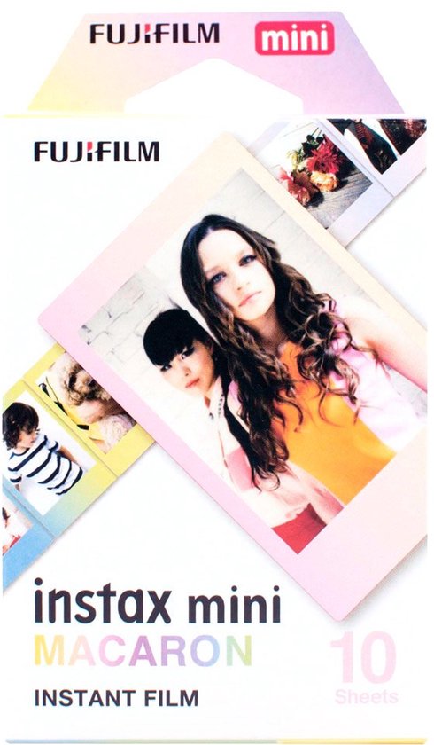 Fujifilm Instax Mini Macaron film verpakking met voorbeelden van foto's, waaronder twee meisjes en een kind.