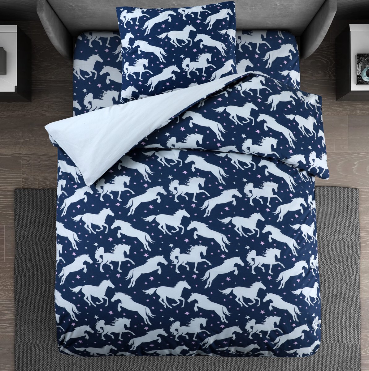 Bed Glow & Apparel – 1-Persoons Dekbedovertrekset met Hoeslaken en Kussensloop – 100% Katoen – Paarden
