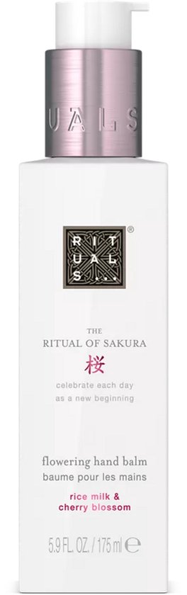 Witte fles met pompdispenser. The Ritual of Sakura. Rijstmelk & kersenbloesem. Handbalsem 175 ml.