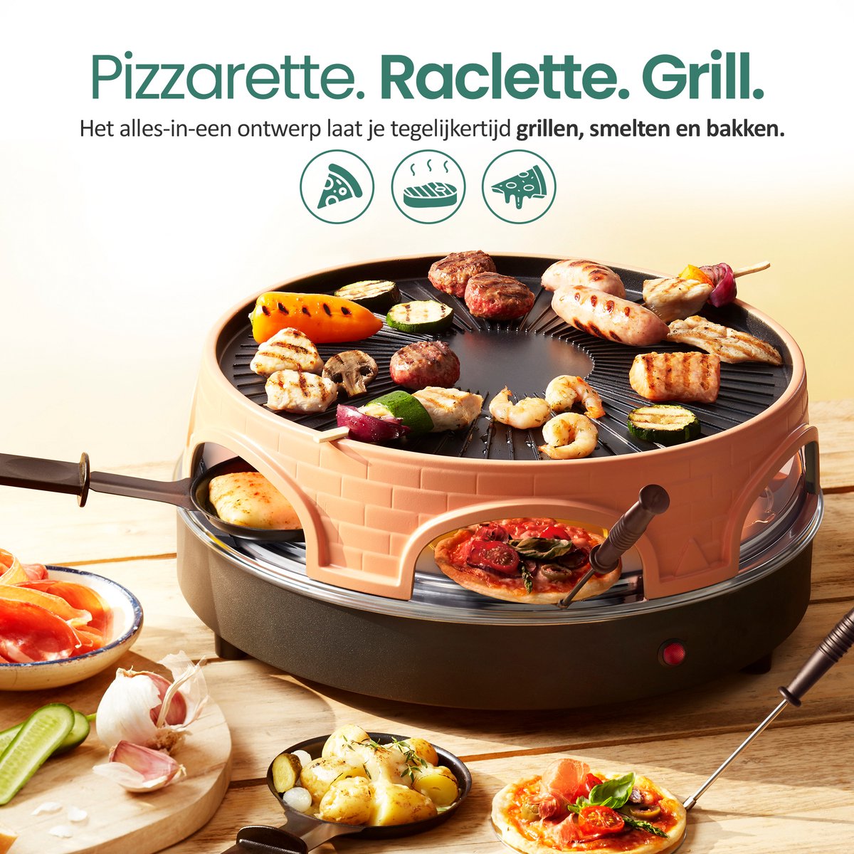Emerio Pizzarette 3-in-1 Origineel - Zwitserse Raclette en Grill - 6 Persoons Pizza Oven - 6 Geïsoleerde Bakspatels - RVS Bakplaat - Gourmetstel - PO-113255.4 1500W – foto 5