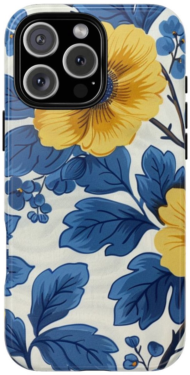 Blauw-Geel Bloemenpatroon – Telefoonhoesje Geschikt voor iPhone 16 Pro Max