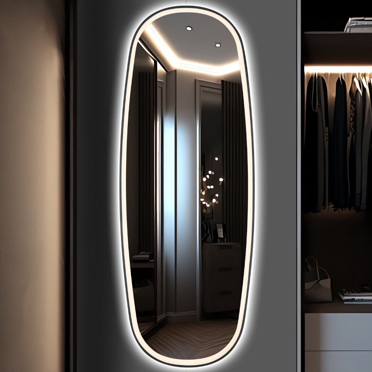 MIRRORS AND MORE MISOU Wandspiegel - LED - Organische - Ovale - Deurspiegel - spiegel - met Verlichting - Modern - Zwart - 160x60 - DIANA