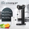 Zwarte LunaVida Callisto soda maker met fles, handleiding en fruit. Genummerde onderdelen.