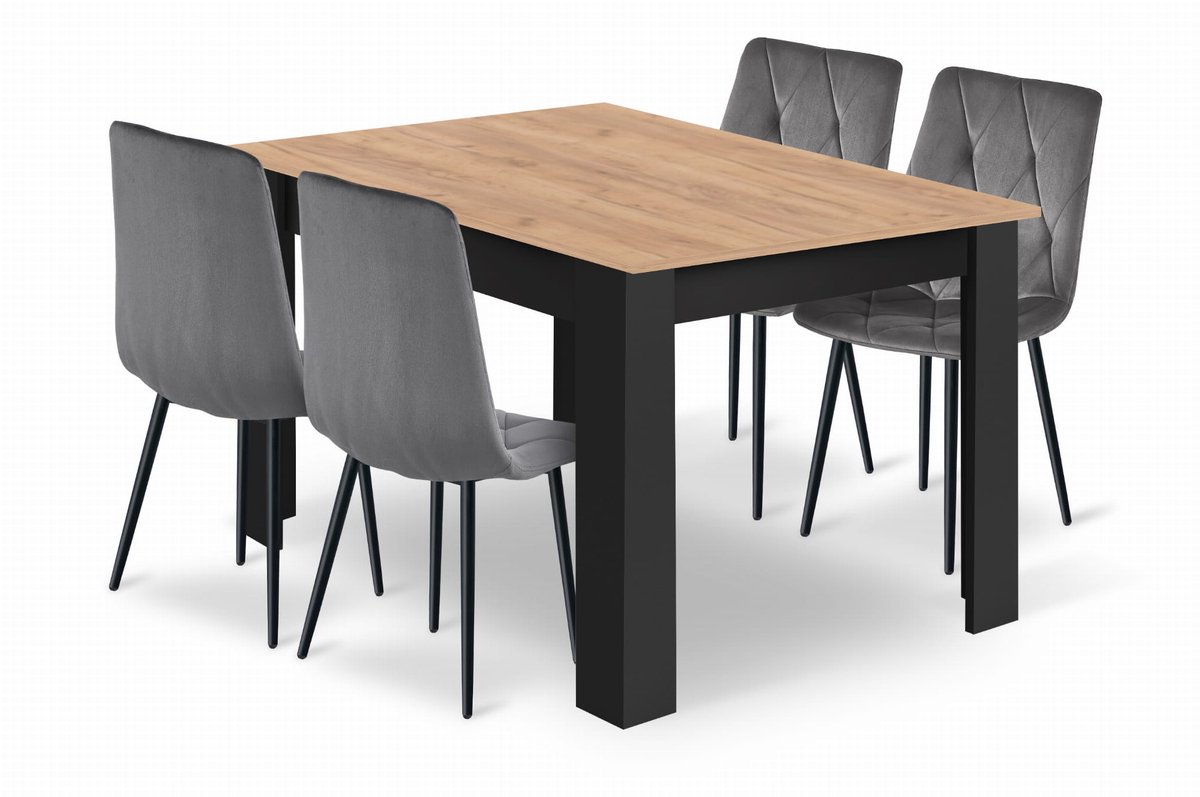 Eethoek - Eettafelset - NP 120x80 Craft met Zwarte Poten + 4 Stoelen LIBRA Grijs met Zwarte Poten, Modern Design, Geschikt voor Keuken, Eetkamer en Woonkamer