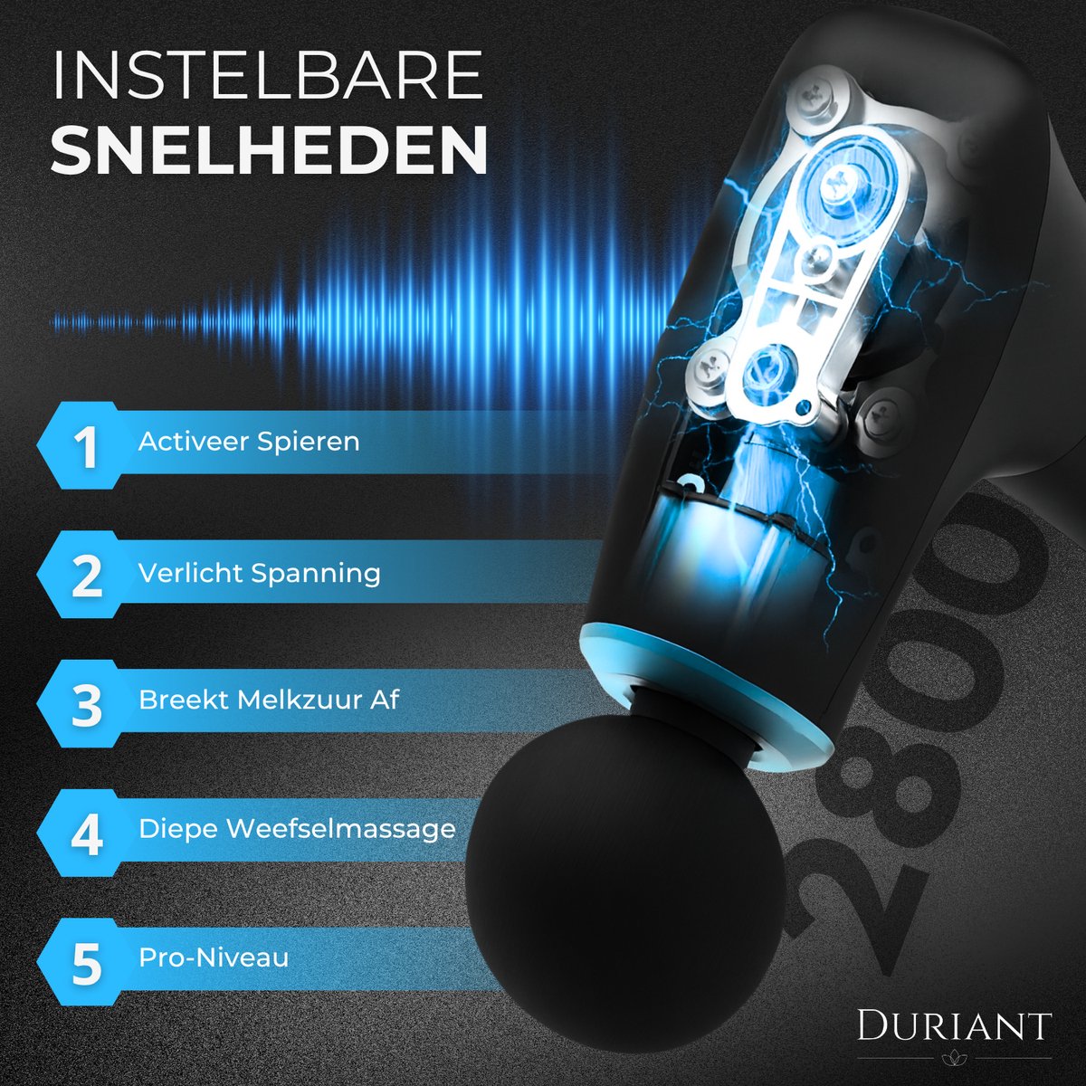Duriant®- Massage gun professioneel-Unieke 2-in-1 Functionaliteit-Massage gun- Professioneel- Massage pistool- 4 opzetstukken- Ergonomisch Gebogen Design – Spierherstel & Ontspanning-Volledige lichaamsmassage –Overal inzetbaar- Zwart — cadeau in Sport & Outdoor - foto 6