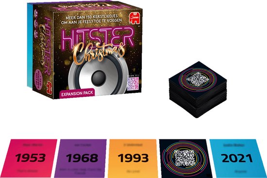Hitster Christmas uitbreidingsset met doos, stapel kaarten en jaartallen 1953, 1968, 1993, 2021. Meer dan 150 kerstliedjes.